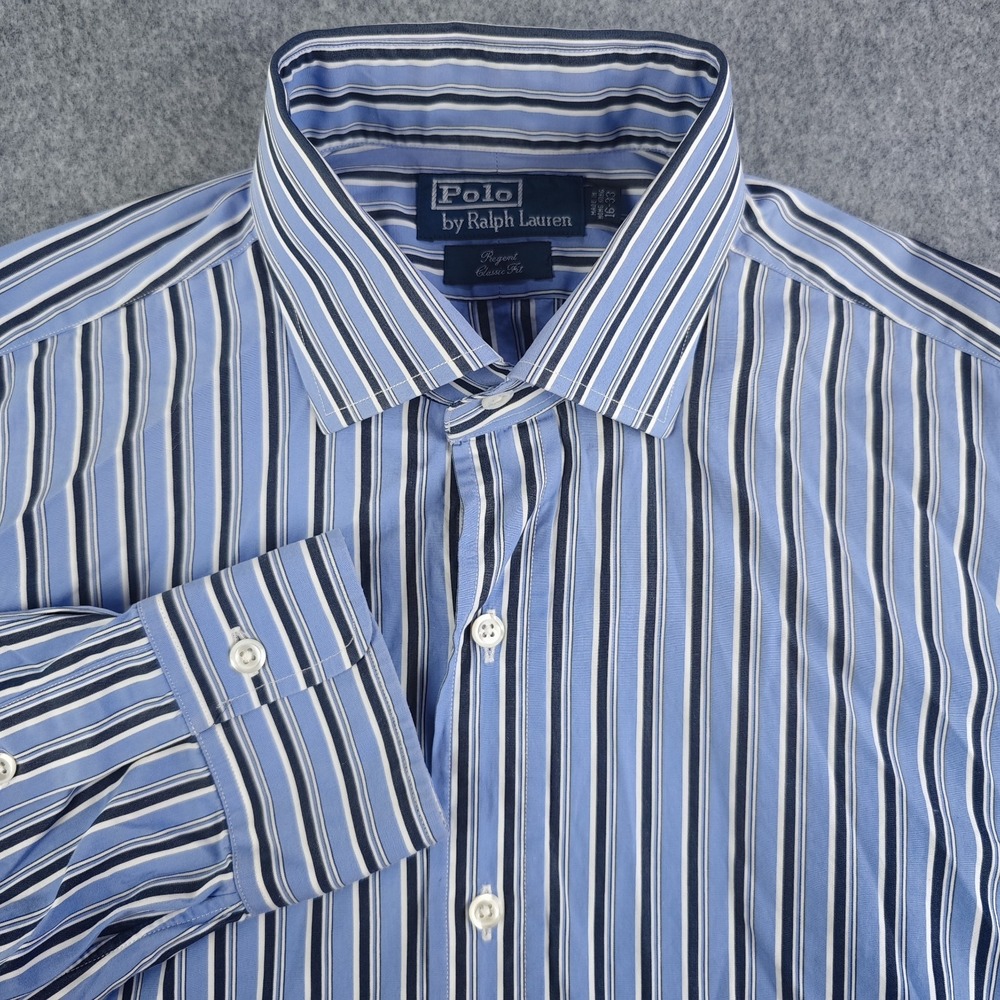 Polo Ralph Lauren Dress Shirt Mens 16 33 Regent Classic Fit Blue Striped Cotton